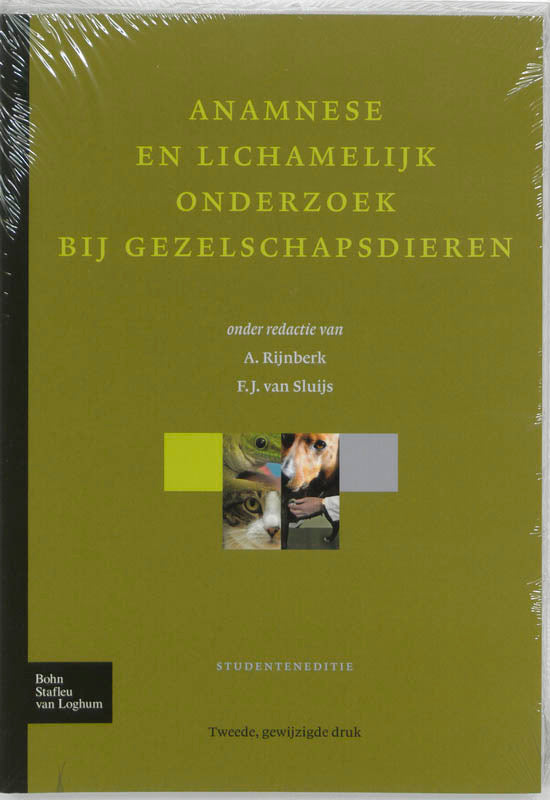 Anamnese lichamelijk onderzoek gezelschapsdieren 2e druk olijfgroene hardcover met kat, paard en hand