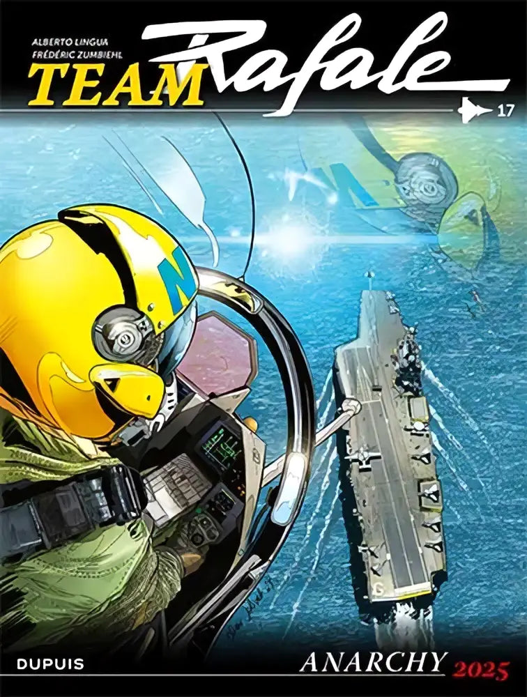 Yellow and black helmeted pilot in green flight suit gripping controls near aircraft carrier in anarchy 2025 by frederic zumbiehl strips algemeen team rafale