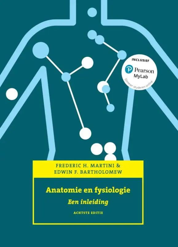 Teal gekleurde boekcover anatomie en fysiologie 8e editie met mylab nl toont gestileerde lichaamsomtrek en moleculaire structuren