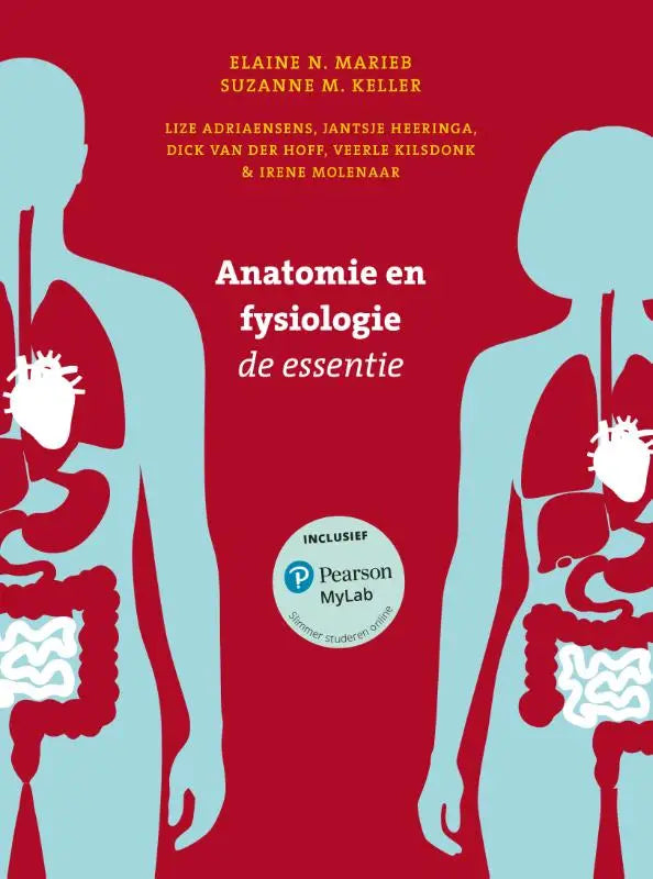 Rode hardcover anatomie en fysiologie studieboek met lichtblauwe mensfiguur en witte organen van elaine n