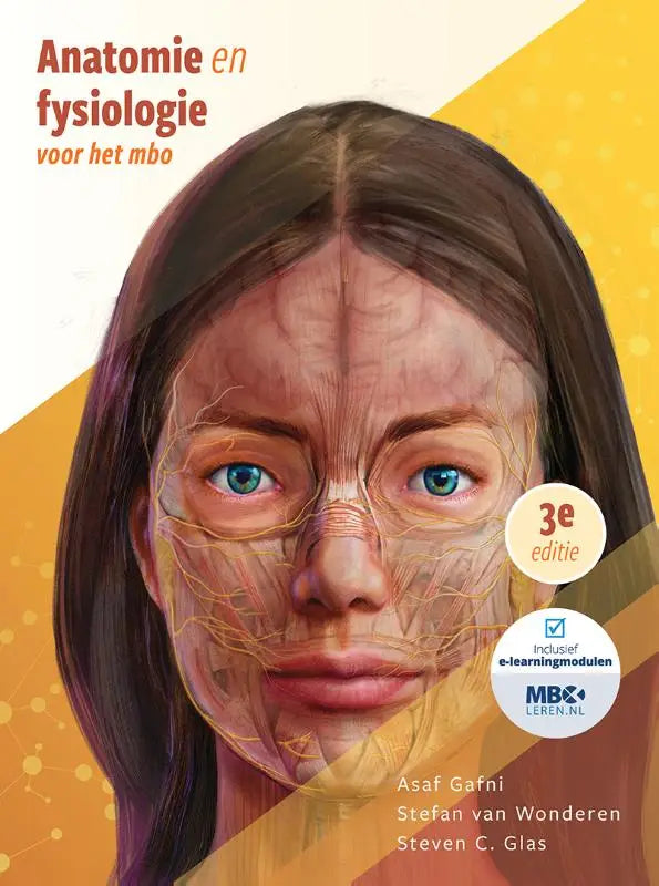 De voorkant van het leerboek anatomie en fysiologie voor het mbo toont een gedetailleerde illustratie van een vrouwelijk gezicht met gouden anatomische lijnen