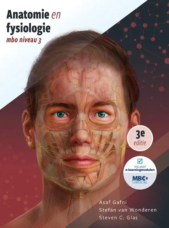 De cover van anatomie en fysiologie mbo niveau 3 met gedetailleerde illustratie van menselijk gezicht in warme tinten