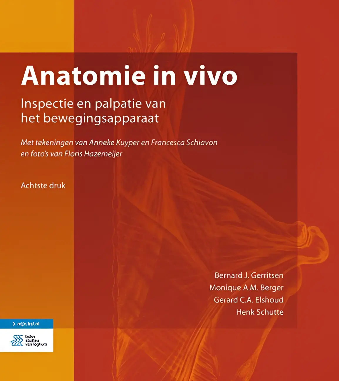 Rood en oranje omslag van het boek anatomie in vivo met een doorschijnende anatomische illustratie van henk schutte bsl media