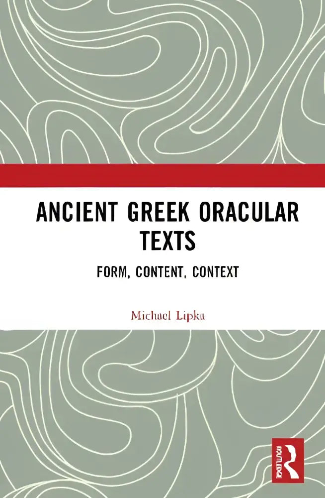 De boekcover van ancient greek oracular texts toont een minimalistisch ontwerp met witte lijnen op saliegroen en rode band