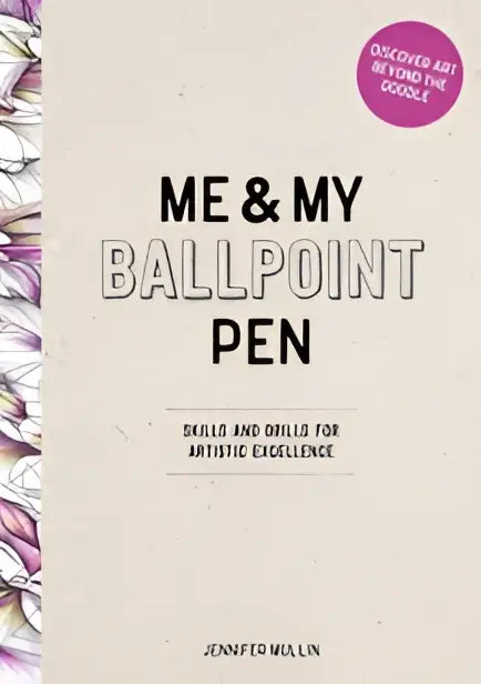 De boekcover van me and my ballpoint pen toont art beyond the doodle met paarse bloemen op een beige achtergrond