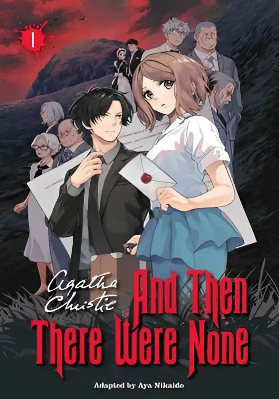 De cover van and then there were none vol 1 manga toont twee centrale personages tegen een donkere rode lucht