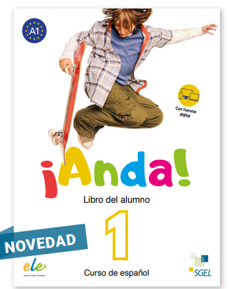 De kleurrijke voorkant van het ¡anda! 1 leerlingboek met digitale licentie toont een skateboarder in de lucht