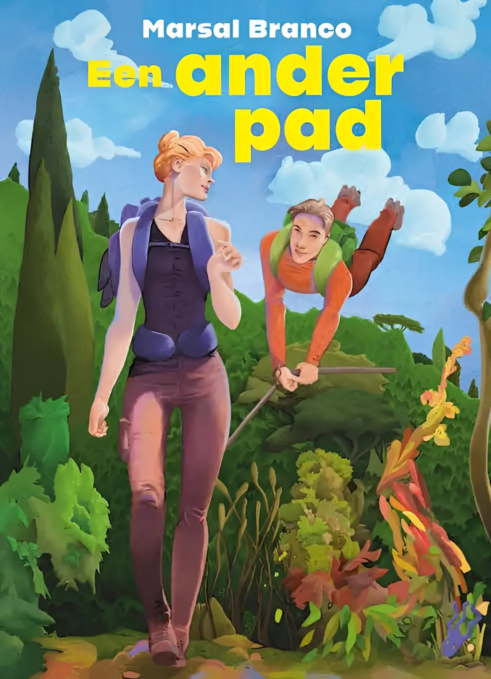 De omslag van het geïllustreerde kinderboek een ander pad toont twee cartoonfiguren wandelend in een groene bosrijke omgeving