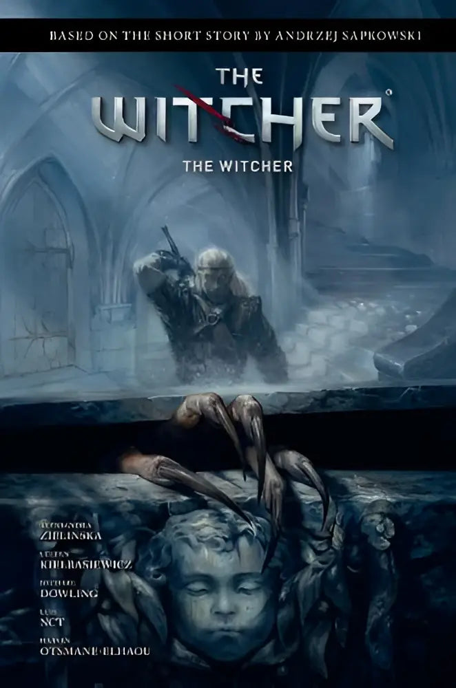De witcher comicboekcover van andrzej sapkowskis the witcher toont een donkere, gedetailleerde illustratie van geralt in harnas met zwaard boven een steenboog