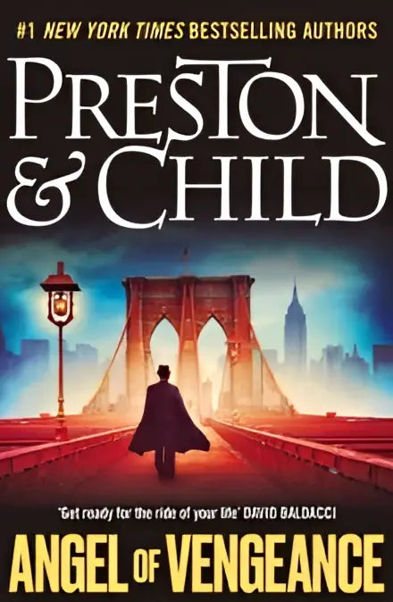 Het boek angel of vengeance van preston & child toont agent pendergast en constance greene bij een donker silhouet in new york