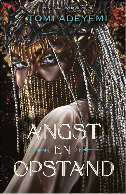 De boekcover van angst en opstand toont een vrouw met donker gevlochten haar en gouden kettingen uit the orïsha legacy