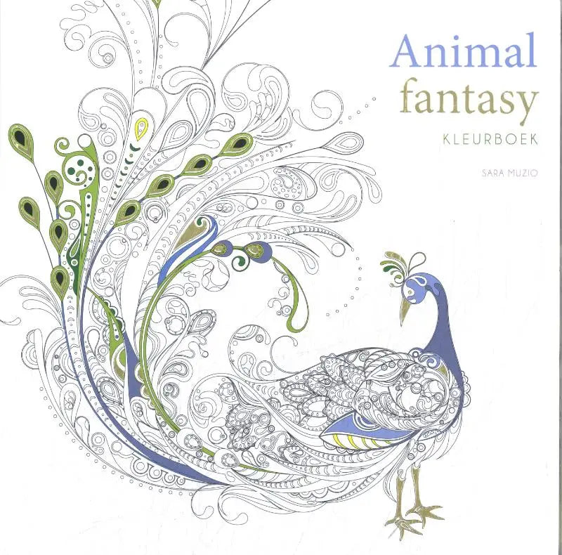 Een prachtig geïllustreerd animal fantasy kleurboek met een gedetailleerde pauw in blauwgroene tinten