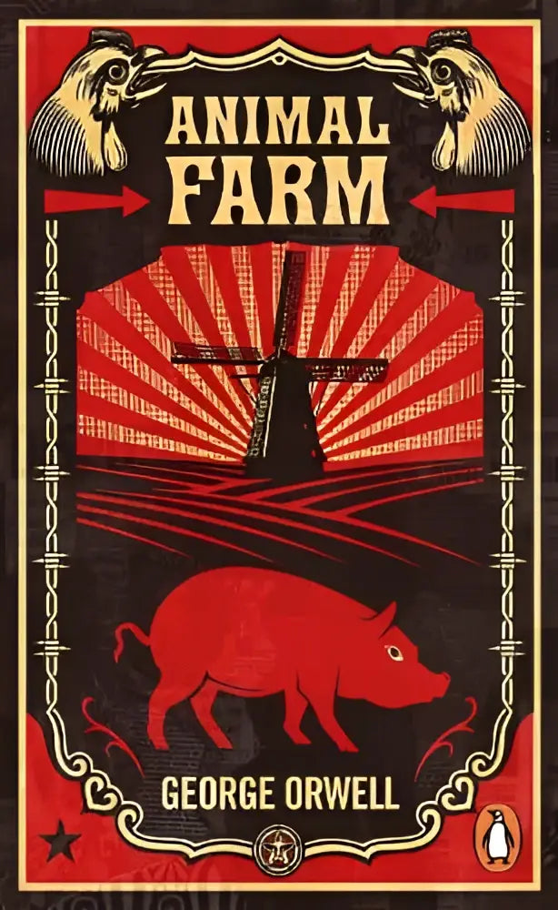 Rood geïllustreerd boekomslag van animal farm door george orwell met varken, molen en hanen the dystopian classic reimagined