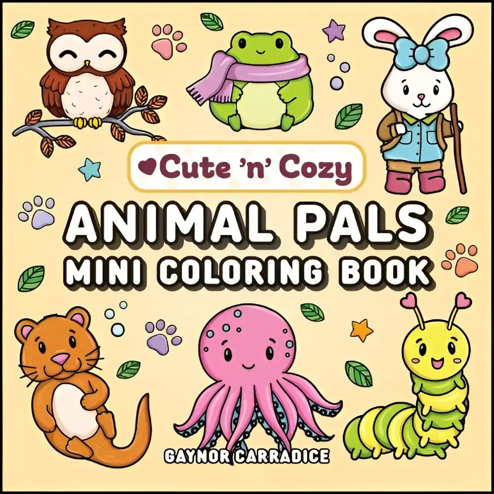 Cute n cozy animal pals mini coloring book with charming pastel cartoon animals on a light beige background