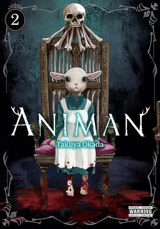 Donkere gothic illustratie van een wit lam in groen wit kleding zittend op een houten stoel met schedel animan vol 2 yen press