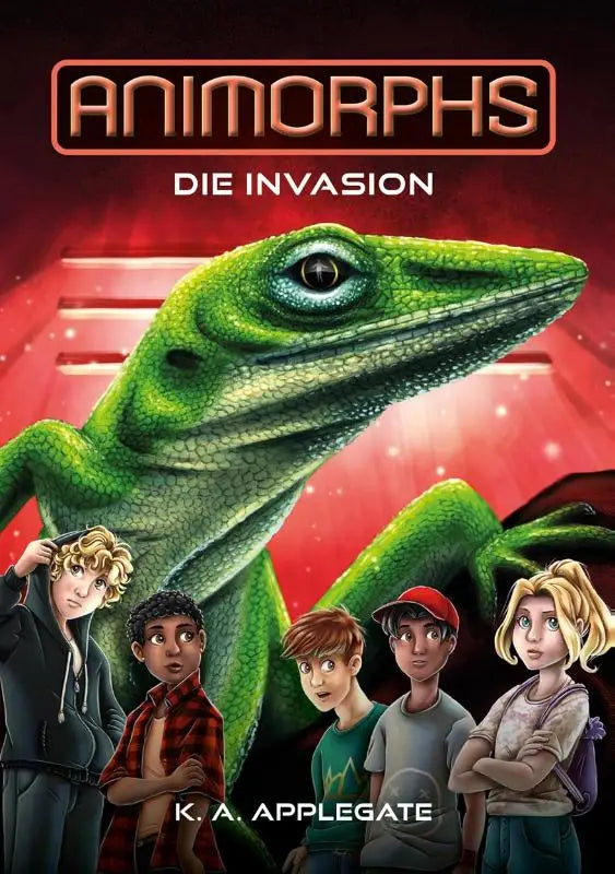 Animorphs band 1 die invasion met een levendige groene geanimeerde hagedis met gedetailleerde schubben en oog