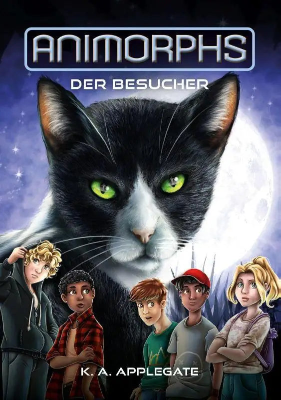 Boekcover animorphs band 2 toont een zwart-witte kat met opvallende groene ogen als hoofdillustratie