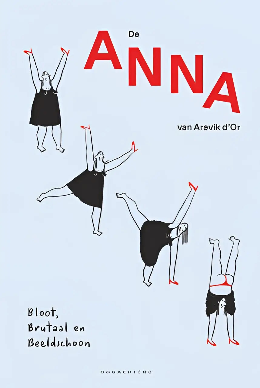 De boekcover van De Anna van Arevik d’Or toont rode letters op lichtblauwe achtergrond met gestileerde vrouwenillustraties