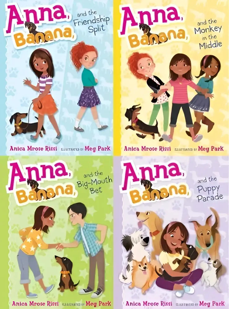 Vier kleurrijke kinderboekcovers van de anna banana serie in een paperback collected set van anica mroze risti en meg park