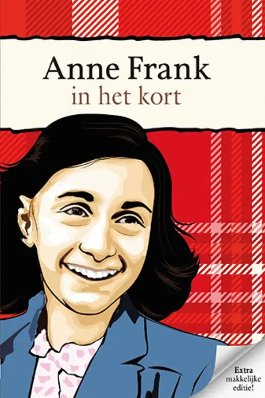 Rode ruitjes boekomslag met cartoonillustratie van anne frank in blauwe blazer en roze patroon voor anne frank in het kort