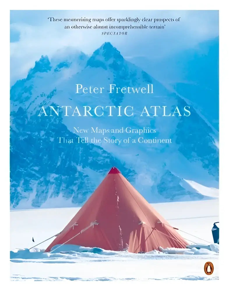 Rood driehoekig tent tegen sneeuwbedekte bergen in antarctic atlas van peter fretwell met gedetailleerde atlassen
