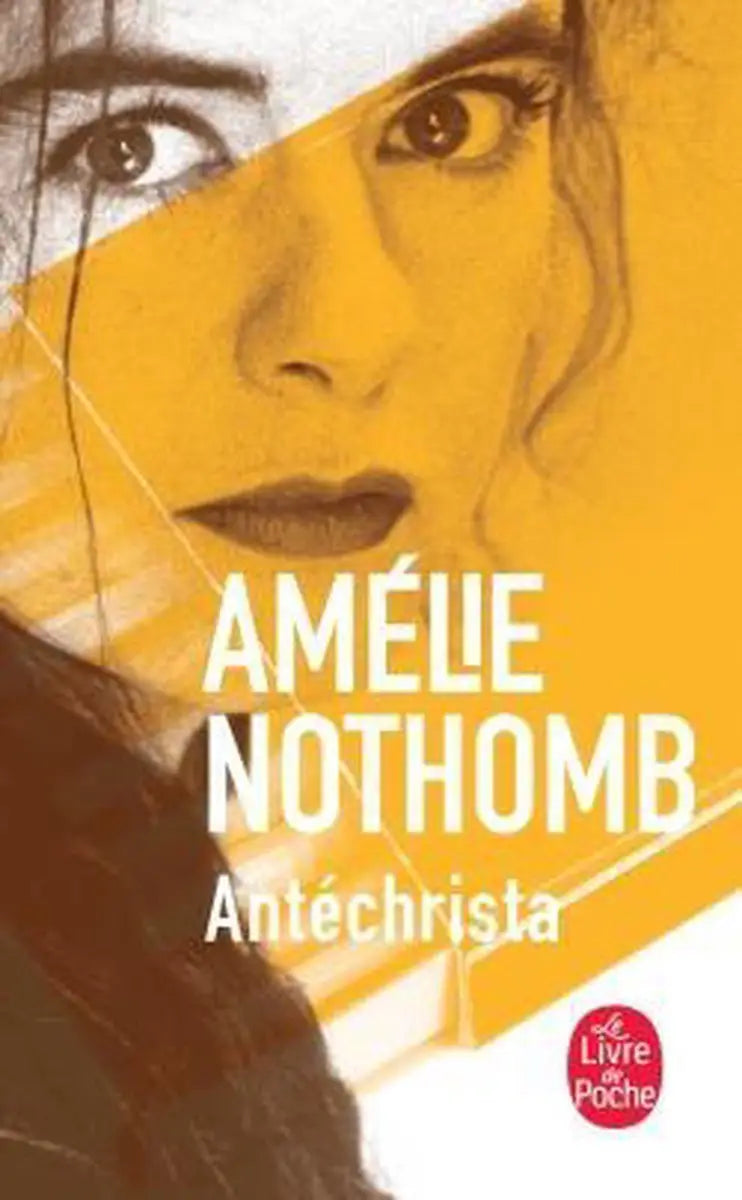 Gele en witte geïllustreerde omslag met gestileerd vrouwelijk portret voor antéchrista van amélie nothomb navais
