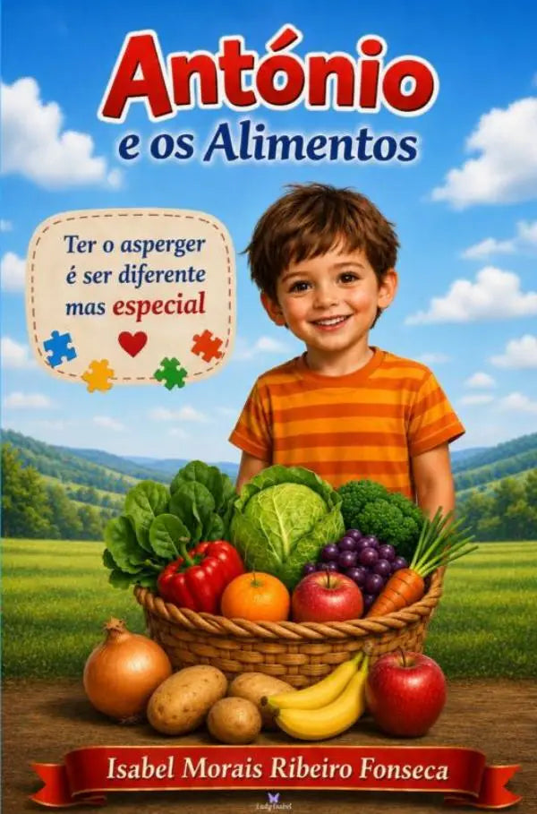Antonio e os alimentos toont een jonge lezers jongen in een oranje geel gestreept shirt achter een gevulde wicker mand met verse groenten fruit en wortelgewassen