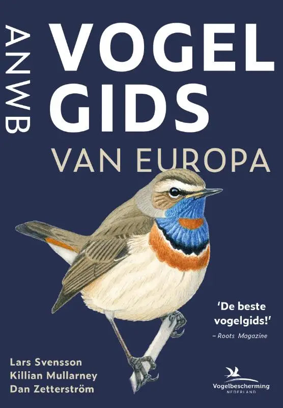 Anwb vogelgids van europa met gedetailleerde aquarelillustratie van een blauw oranje europese nachtegaal vogel