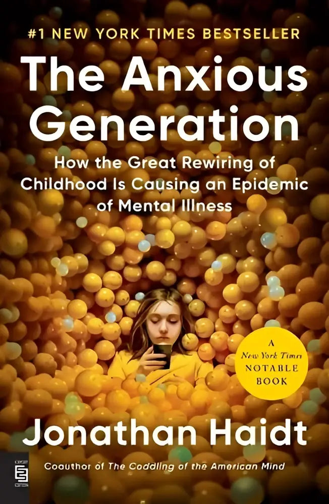 The anxious generation book cover shows a young woman in yellow with orange spheres highlighting the great rewiring causing an epidemic