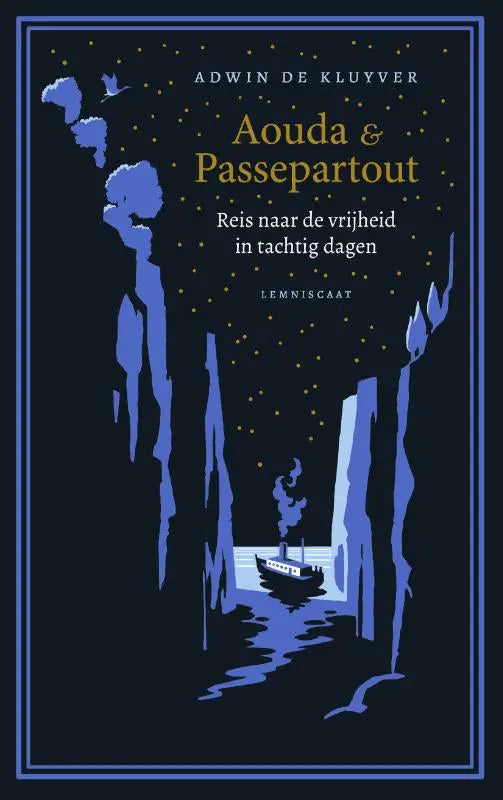 Donkerblauwe boekomslag van aouda en passepartout met gestileerde illustratie van boot in ijsgrot onder sterrenhemel