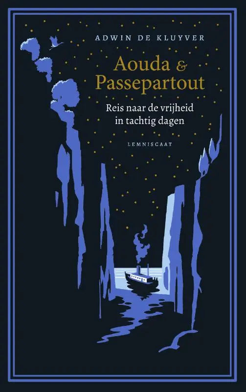 Donkerblauw boek met gestileerde illustratie van boot in ijsachtige grot onder sterrenhemel aouda en passepartout