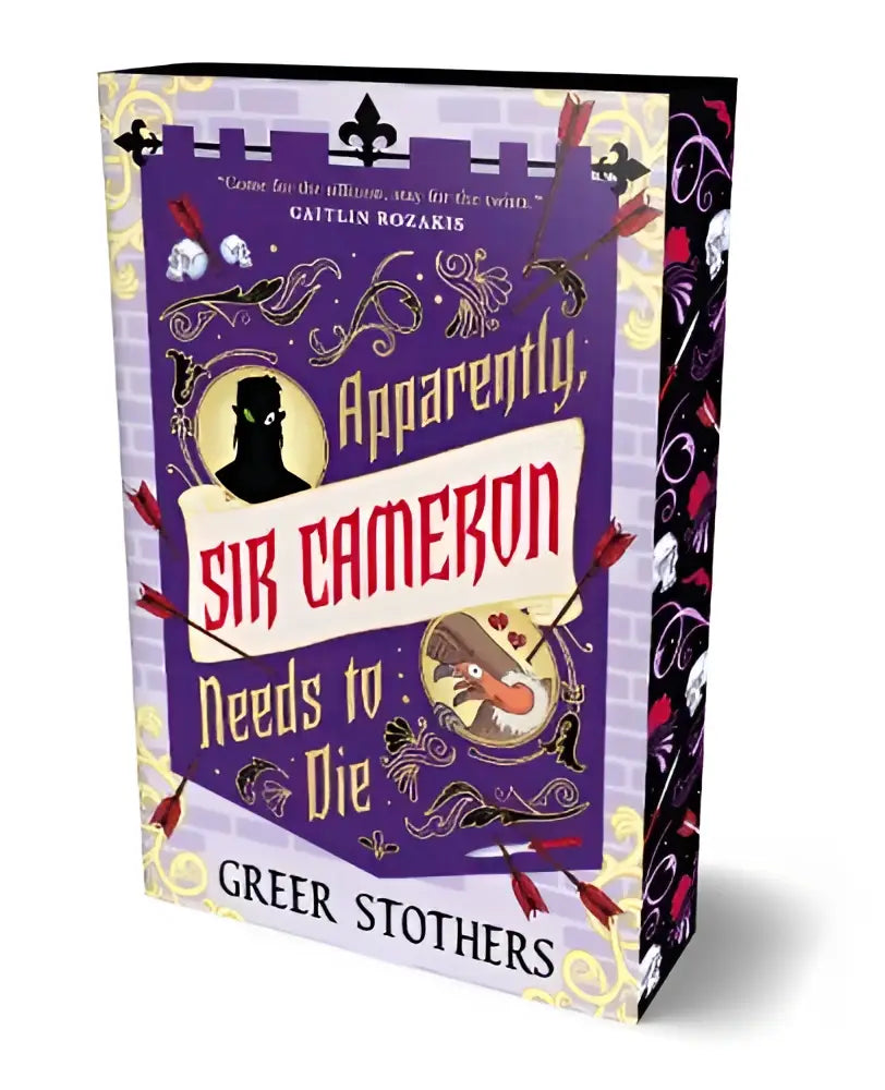Paars hardcover boek met gouden en zwarte illustraties getiteld apparently sir cameron needs to die welke veel gevaarlijke en homoseksuele dingen gebeuren