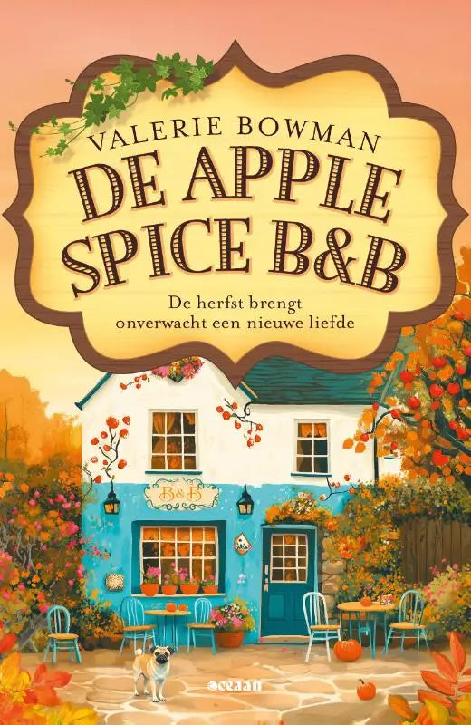 De cover van valerie bowmans boek de apple spice b&b toont een gezellig pension met blauwe en witte gevel en herfstbladeren