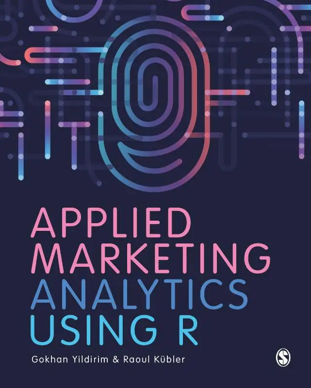 De boekcover van applied marketing analytics using r toont een gestileerde vingerafdruk in paarse, blauwe en roze tinten voor marketing analytics