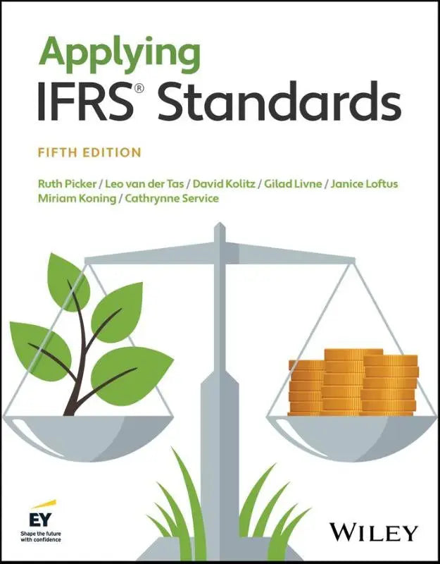 De omslag van het leerboek applying ifrs standards toont een balans met groene bladeren en gouden munten