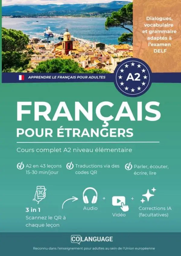 Groene en blauwe franse taalleerboek voor a2 niveau met cursussen completten en des exercices voor apprendre le français