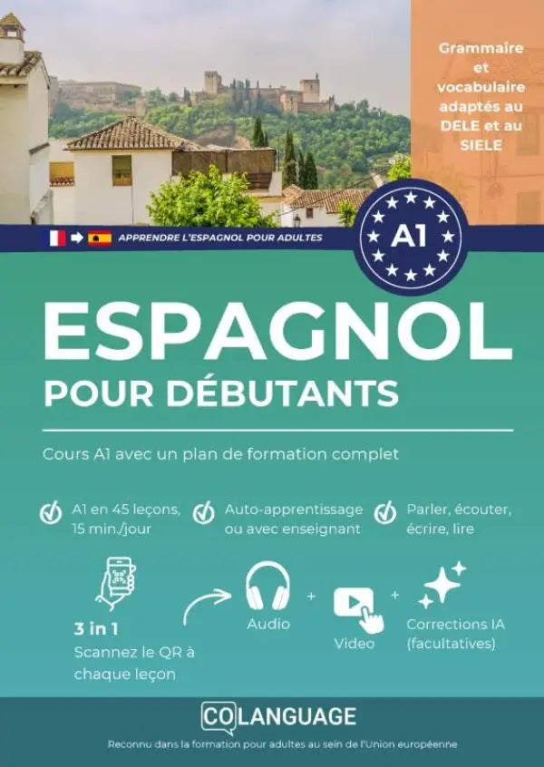 Teal en witte cover van een a1-level spaans cursus voor volwassenen van colanguage met een pittoreske europees stad decor en met een plan om te leren spaans