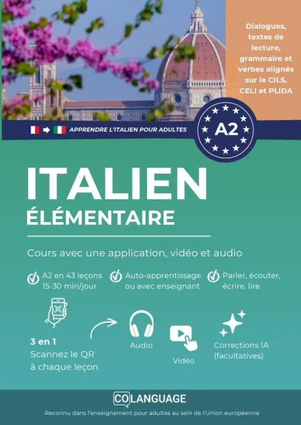 Teal-colored a2-level italian language book cover by cqlanguage featuring cours avec une application with audio et vocabulaire icons