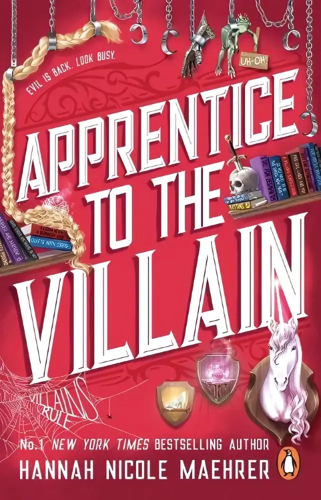 Rode boekcover van apprentice to the villain met witte letters, schedel op boeken en eenhoorn eronder