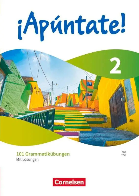 De omslag van het ¡apúntate! band 2 duitse grammaticaboek van cornelsen met een kleurrijke straat en trappen