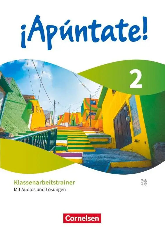 De cover van het ¡apúntate 2 workbook met een levendige straat scène en kleurrijke gebouwen met audios en oplossingen