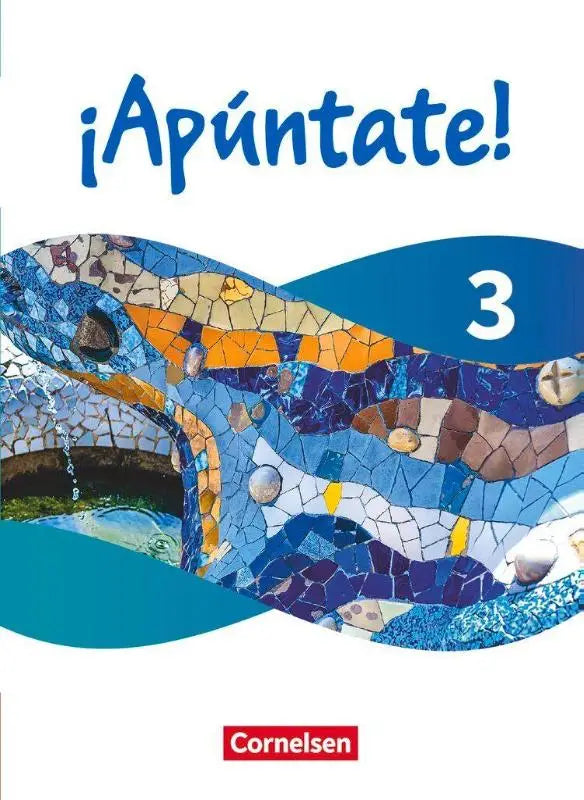 De cover van het ¡apúntate 3 schoolboek met digitalen medien toont een kleurrijk mozaïek in blauw en oranje