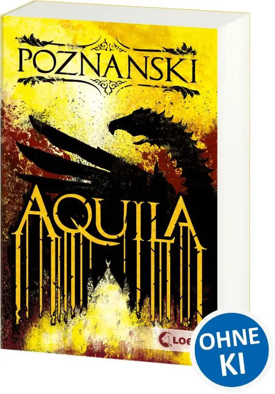 Gele en zwarte fantasie romanboekcover met gestileerde adelaar en vurige achtergrond getiteld aquila door poznanski