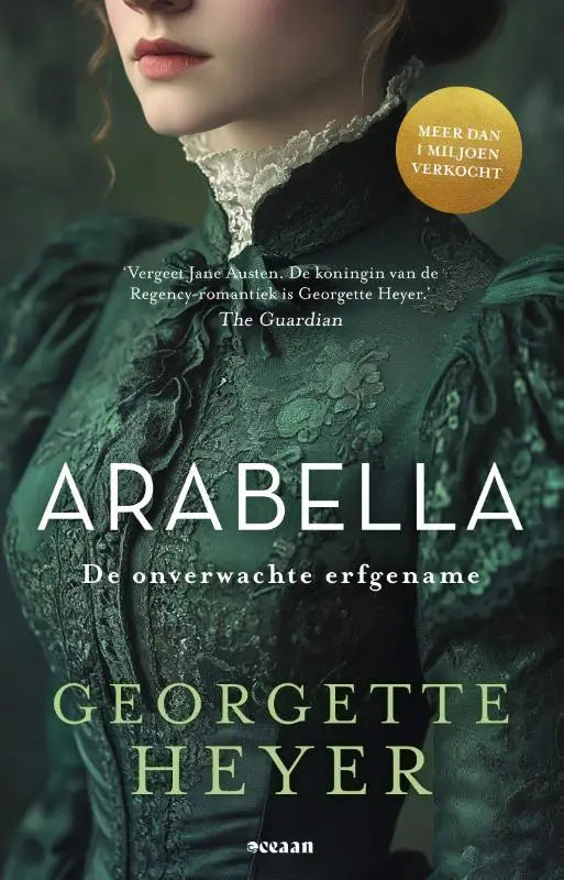 Donkergroene, rijkelijk geborduurde kanten jurk met hoge kraag en pofmouwen uit arabella de onverwachte erfgename met grote gevolgen