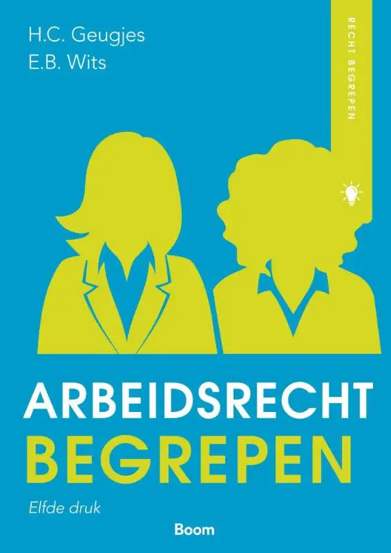 Helder gele silhouetten van twee vrouwen in zakelijke kleding op blauwe achtergrond voor arbeidsrecht begrepen van koninklijke boom uitgevers