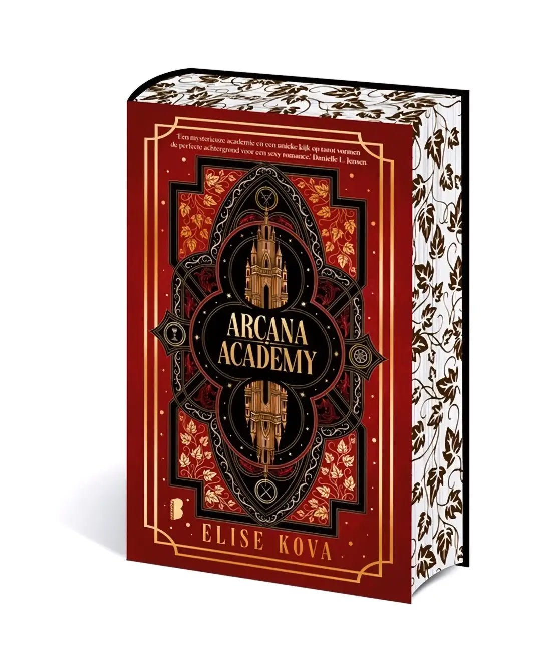 Een rijk rood hardcover boek met gouden en zwarte details met de titel arcana academy door elise kova