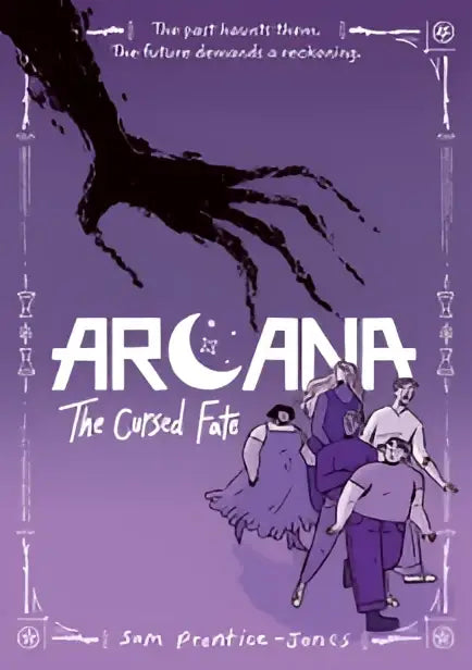 Paars boekomslag van arcana the cursed fate met witte gestileerde letters en zwarte bomen voor de curse graphic novel