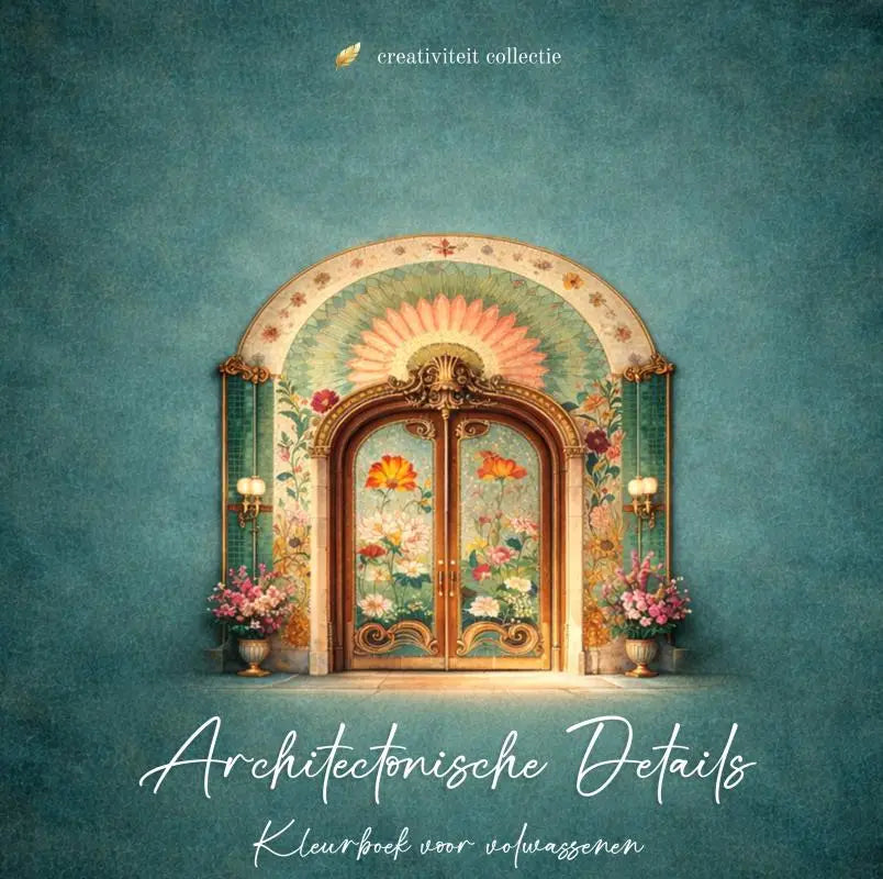 Ornate arched double door with intricate pastel floral paintings and golden details in architectuur kleurboek details kleurboek