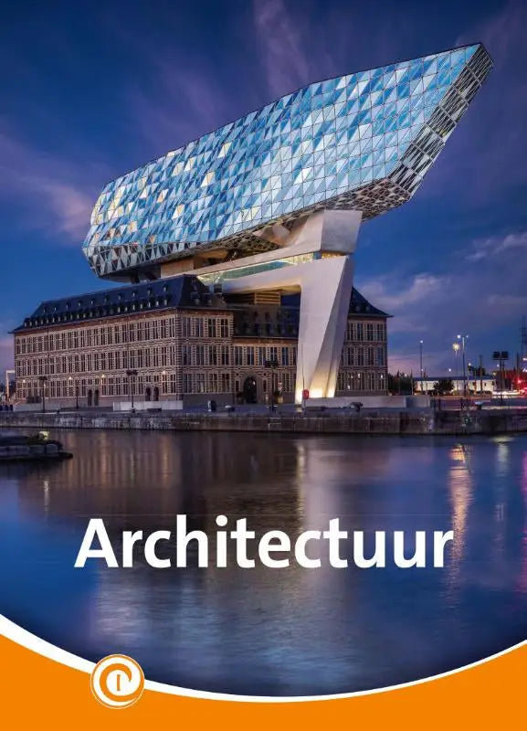 Een moderne architectuur met een blauw getinte geometrische glazen gevel en witte draagstructuren tegen de schemerlucht