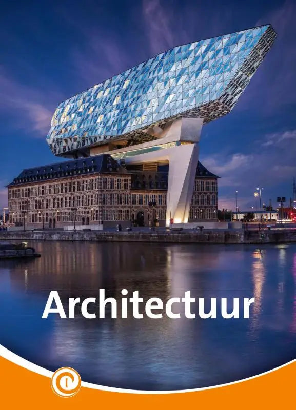 Architectuur boek met modern gebouw en blauwe glazen gevel voor jonge lezers tegen een waterkant achtergrond